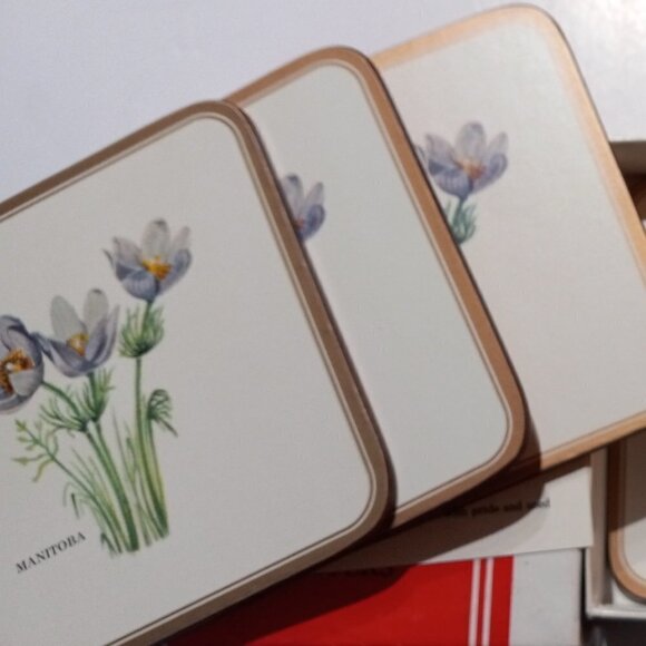 Manitoba Crocus Pimpernel Coasters Set of Six w/ Box Open Vintage Nice - Picture 2 of 7